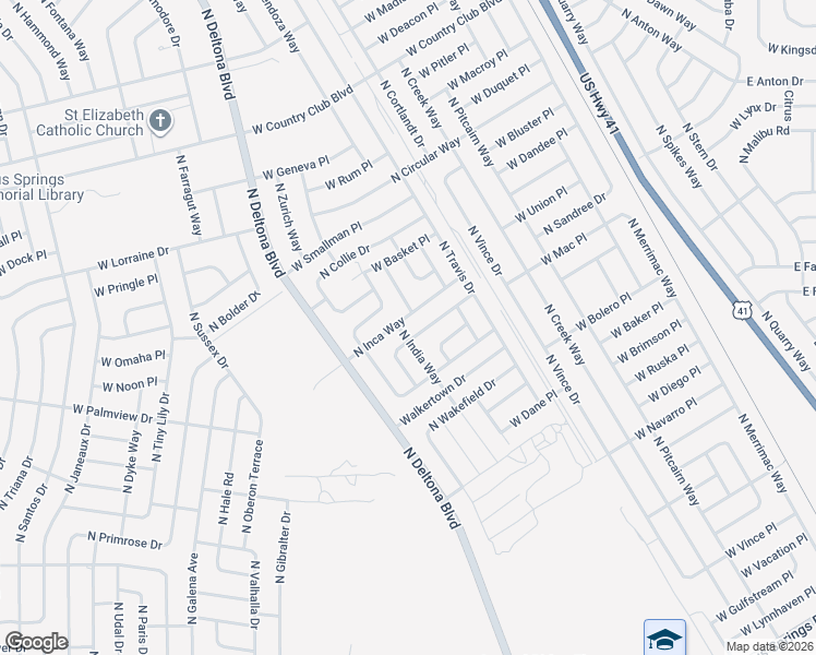 map of restaurants, bars, coffee shops, grocery stores, and more near 8372 North Inca Way in Citrus Springs