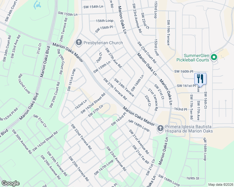map of restaurants, bars, coffee shops, grocery stores, and more near 16228 Southwest 27th Terrace Road in Ocala