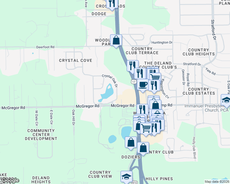 map of restaurants, bars, coffee shops, grocery stores, and more near 179 Crystal Oak Drive in DeLand
