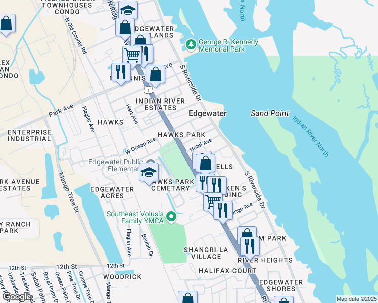 map of restaurants, bars, coffee shops, grocery stores, and more near 14 Hotel Avenue in Edgewater