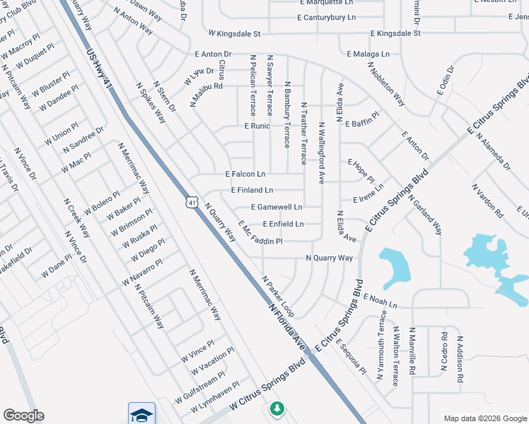 map of restaurants, bars, coffee shops, grocery stores, and more near 258 East Gamewell Lane in Citrus Springs