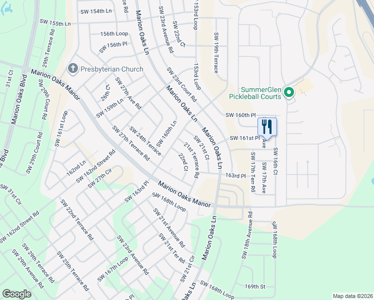 map of restaurants, bars, coffee shops, grocery stores, and more near 27 Southwest 21st Avenue Road in Ocala