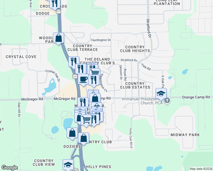 map of restaurants, bars, coffee shops, grocery stores, and more near 2400 Regency Park Dr. in DeLand