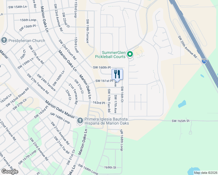 map of restaurants, bars, coffee shops, grocery stores, and more near 1730 Southwest 162nd Street in Ocala