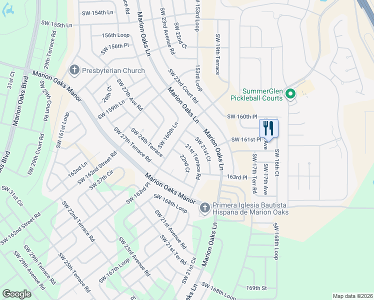 map of restaurants, bars, coffee shops, grocery stores, and more near 27 Southwest 21st Avenue Road in Ocala