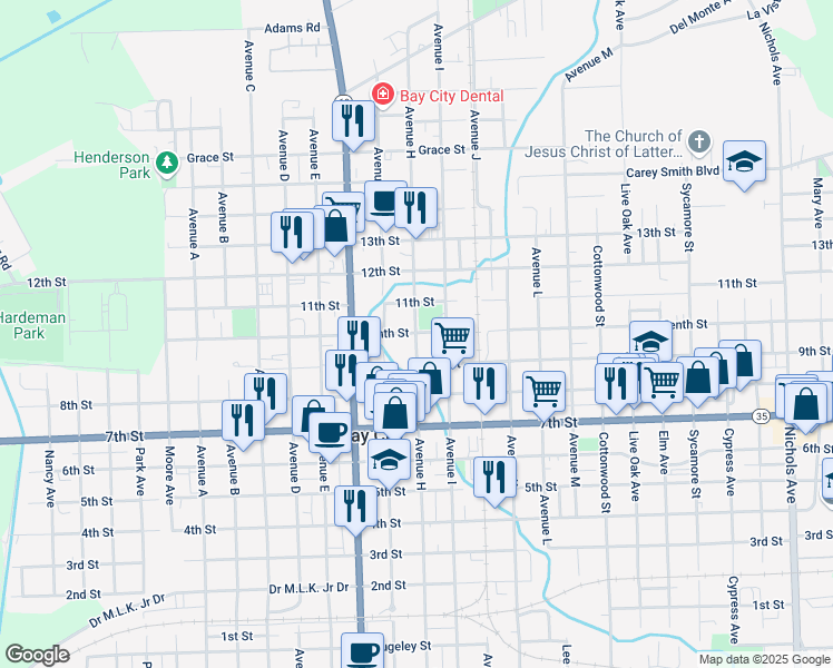 map of restaurants, bars, coffee shops, grocery stores, and more near 10th St in Bay City