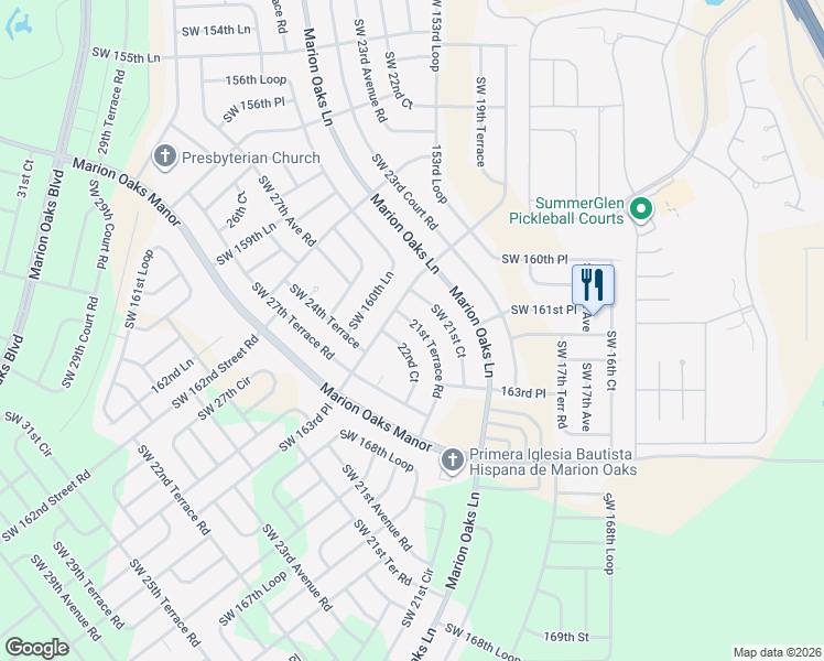 map of restaurants, bars, coffee shops, grocery stores, and more near 27 Southwest 21st Avenue Road in Ocala