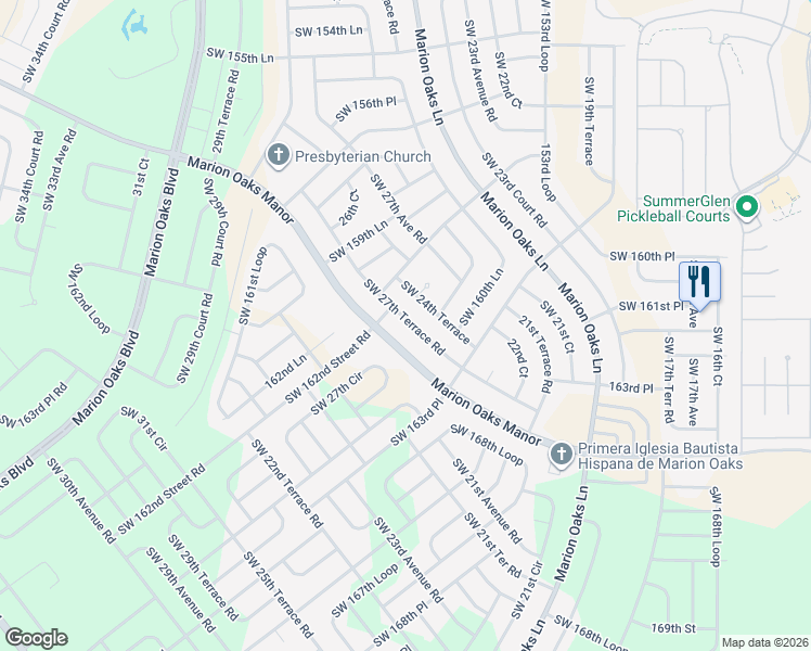 map of restaurants, bars, coffee shops, grocery stores, and more near 16228 Southwest 27th Terrace Road in Ocala