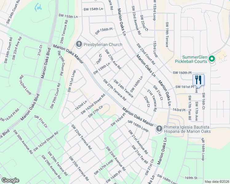 map of restaurants, bars, coffee shops, grocery stores, and more near 16228 Southwest 27th Terrace Road in Ocala