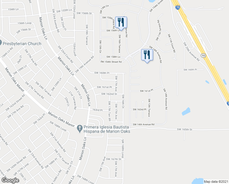 map of restaurants, bars, coffee shops, grocery stores, and more near 1707 Southwest 162nd Street in Ocala