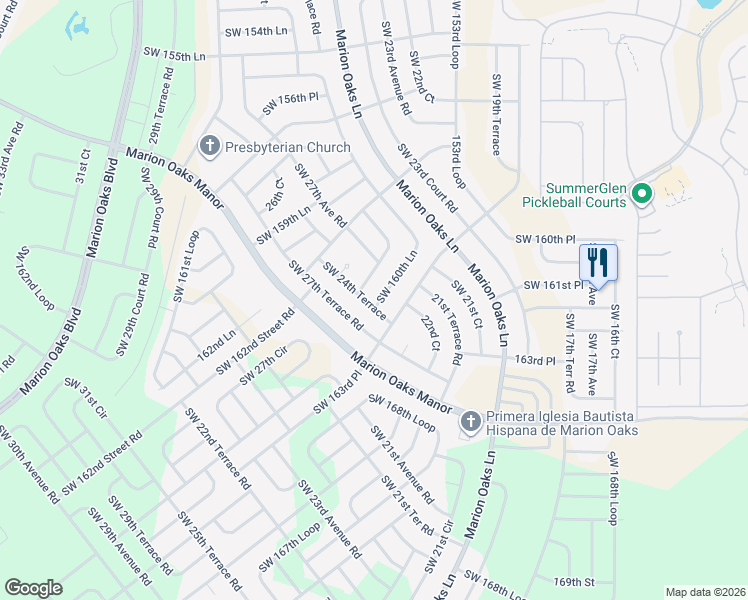 map of restaurants, bars, coffee shops, grocery stores, and more near 16270 Southwest 24th Terrace in Ocala