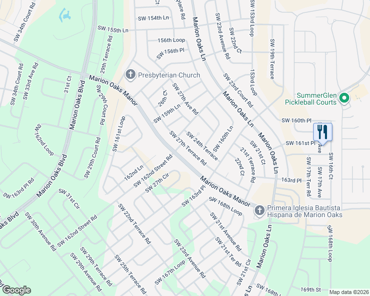 map of restaurants, bars, coffee shops, grocery stores, and more near 16228 Southwest 27th Terrace Road in Ocala