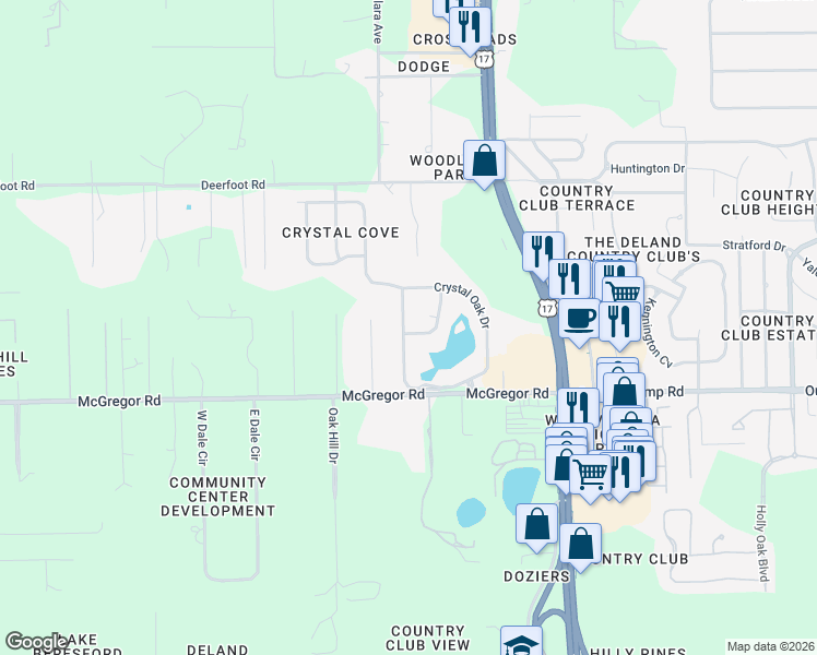 map of restaurants, bars, coffee shops, grocery stores, and more near 101 Oak Haven Circle in DeLand