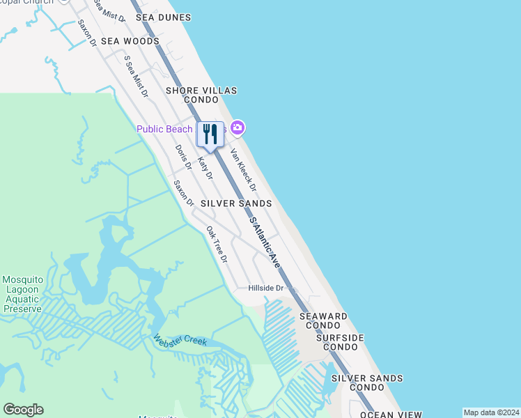 map of restaurants, bars, coffee shops, grocery stores, and more near 4636 Van Kleeck Drive in New Smyrna Beach