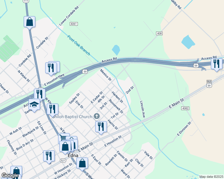 map of restaurants, bars, coffee shops, grocery stores, and more near 607 Mexico Street in Edna