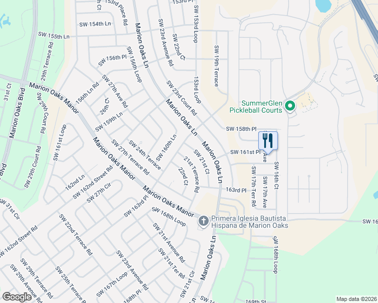 map of restaurants, bars, coffee shops, grocery stores, and more near 16021 Southwest 21st Court in Ocala