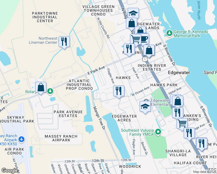 map of restaurants, bars, coffee shops, grocery stores, and more near 210 Flagler Avenue in Edgewater