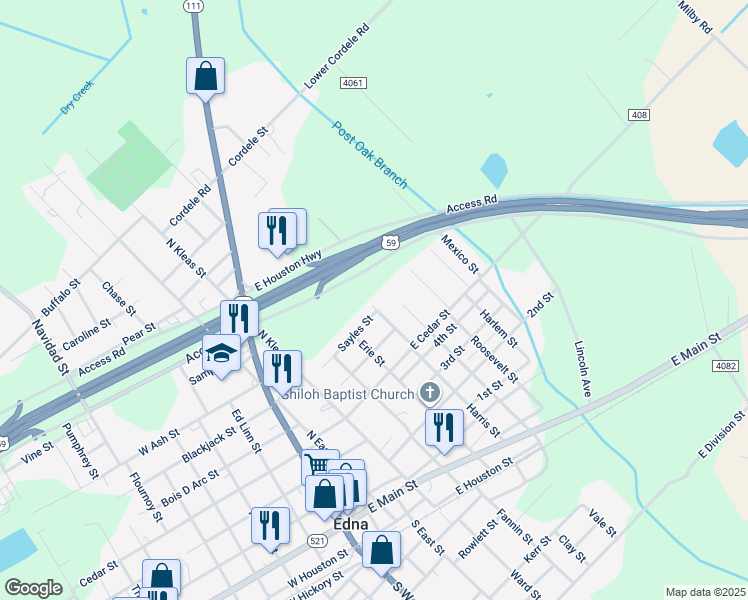 map of restaurants, bars, coffee shops, grocery stores, and more near 819 Peabody Street in Edna