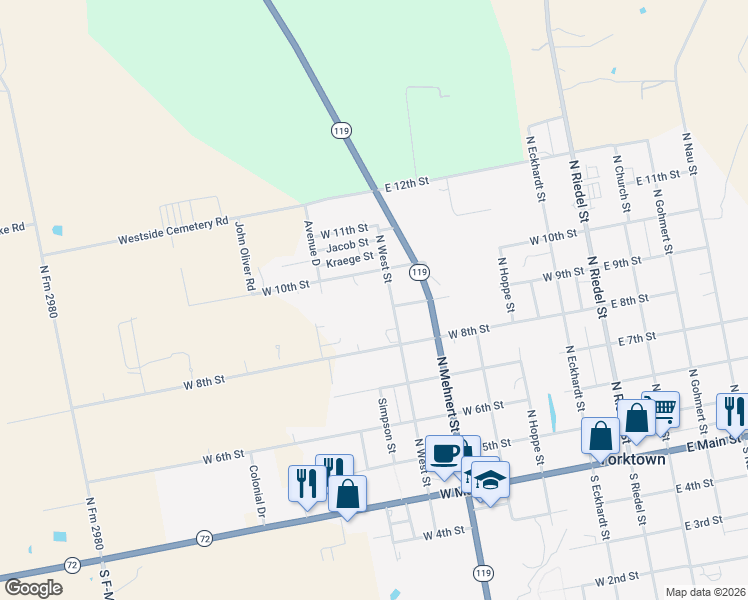 map of restaurants, bars, coffee shops, grocery stores, and more near 635 North West Street in Yorktown