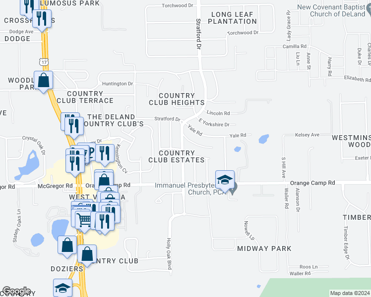 map of restaurants, bars, coffee shops, grocery stores, and more near 2371 Princeton Road in DeLand
