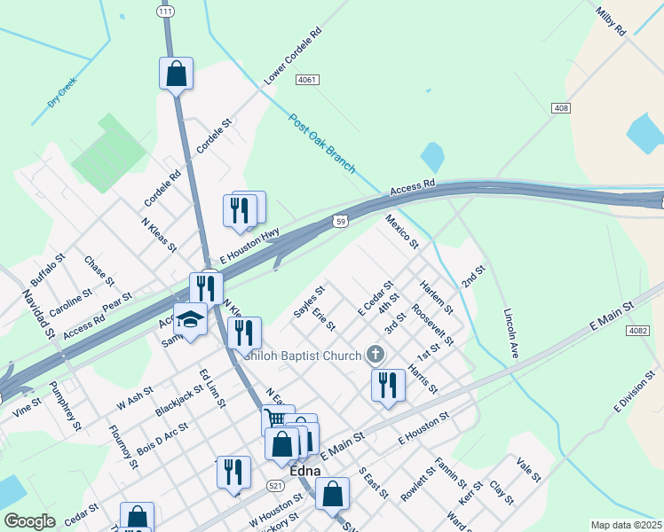 map of restaurants, bars, coffee shops, grocery stores, and more near 819 Peabody Street in Edna