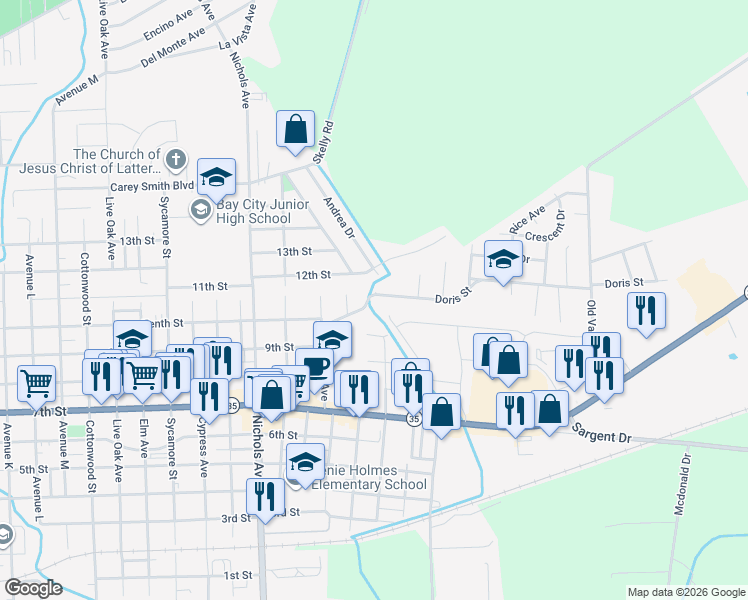 map of restaurants, bars, coffee shops, grocery stores, and more near 1707 Gloria Avenue in Bay City
