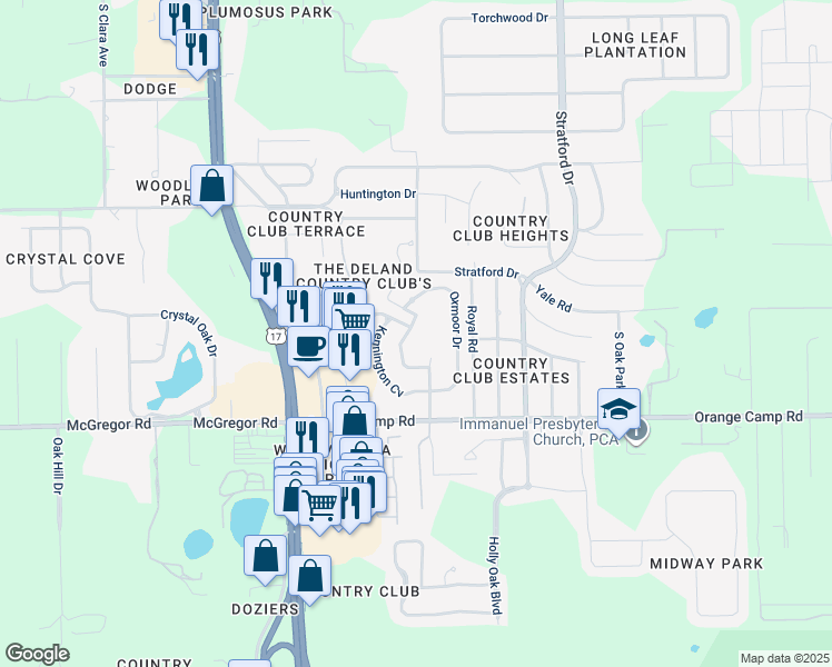 map of restaurants, bars, coffee shops, grocery stores, and more near 2370 Bentley Green Drive in DeLand