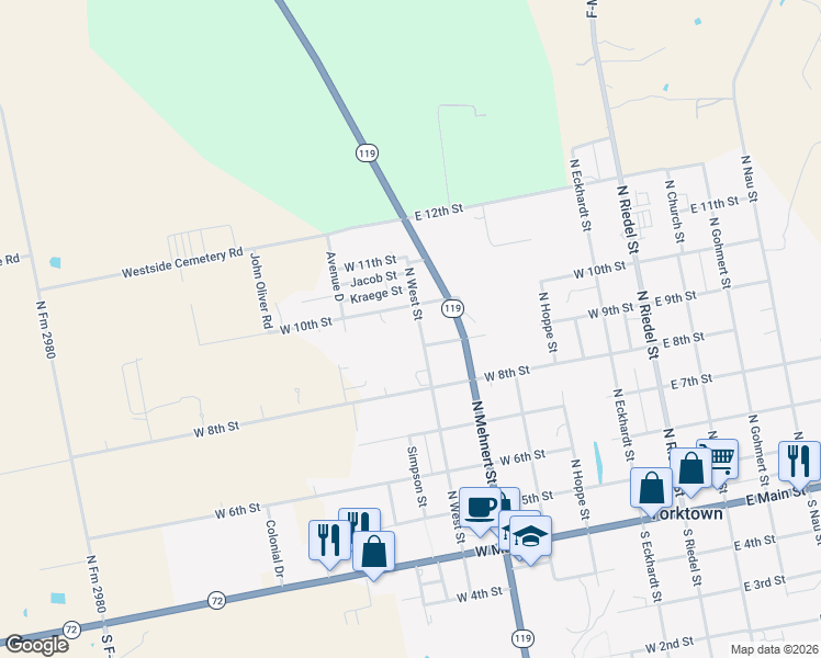 map of restaurants, bars, coffee shops, grocery stores, and more near 635 North West Street in Yorktown
