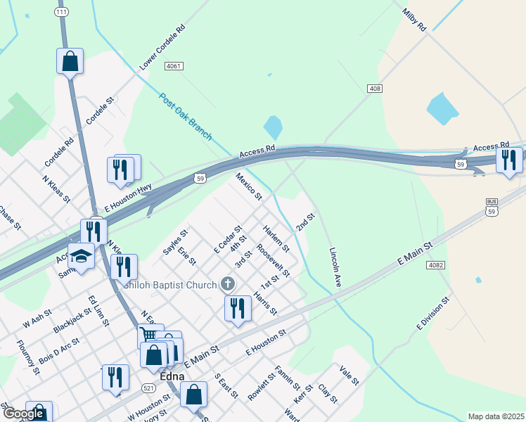 map of restaurants, bars, coffee shops, grocery stores, and more near 607 Mexico Street in Edna