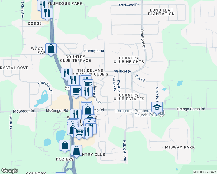 map of restaurants, bars, coffee shops, grocery stores, and more near 2370 Bentley Green Drive in DeLand