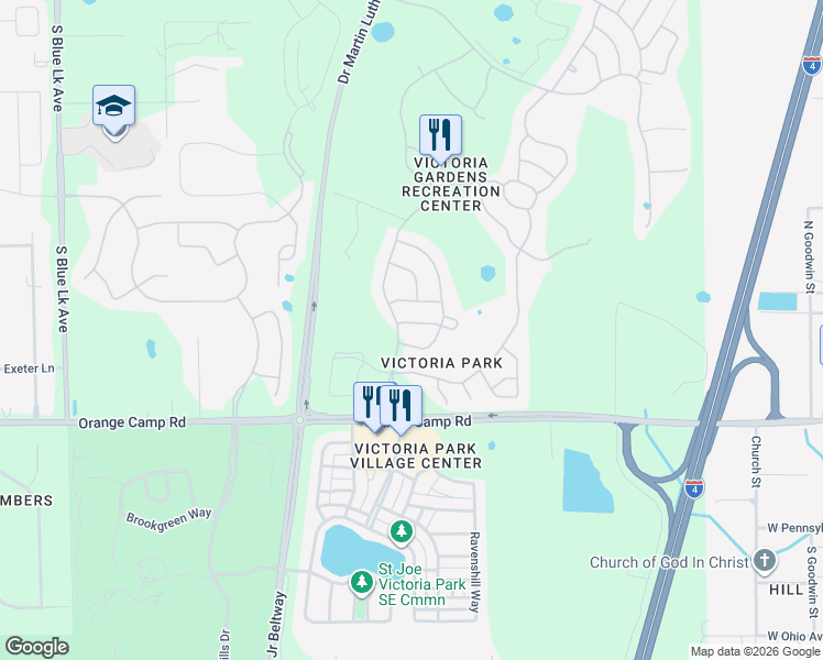 map of restaurants, bars, coffee shops, grocery stores, and more near 102 Westcott Lane in DeLand