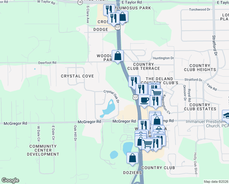 map of restaurants, bars, coffee shops, grocery stores, and more near 162 Crystal Oak Drive in DeLand