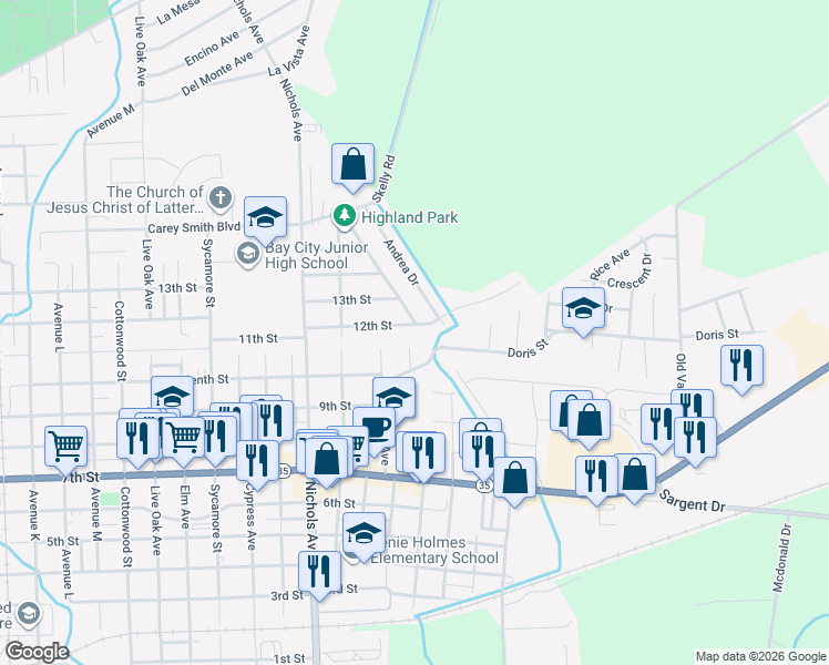 map of restaurants, bars, coffee shops, grocery stores, and more near 1707 Gloria Avenue in Bay City