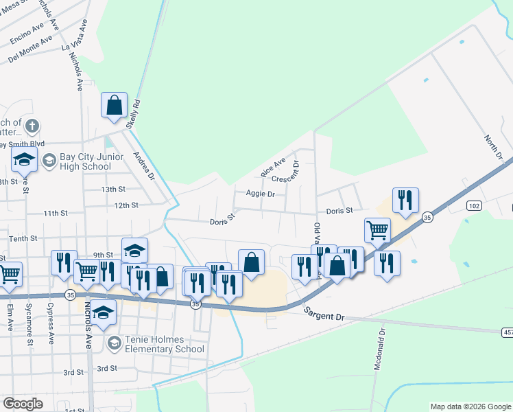map of restaurants, bars, coffee shops, grocery stores, and more near 3917 Aggie Drive in Bay City