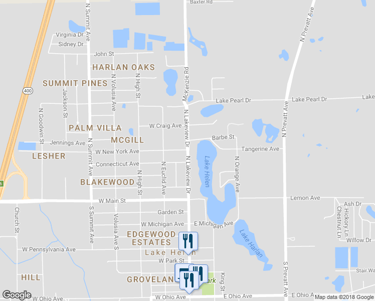 map of restaurants, bars, coffee shops, grocery stores, and more near 292 North Lakeview Drive in Lake Helen