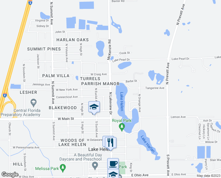 map of restaurants, bars, coffee shops, grocery stores, and more near North Lakeview Drive in Lake Helen