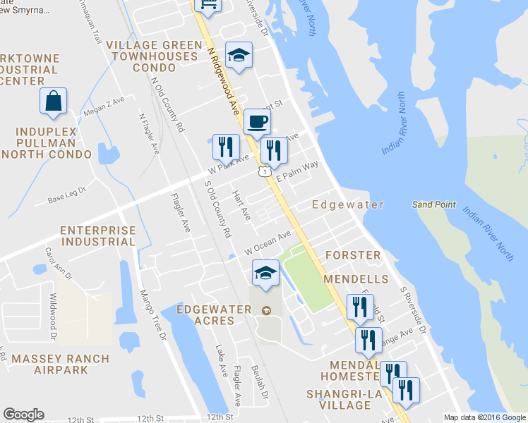 map of restaurants, bars, coffee shops, grocery stores, and more near 316 South Ridgewood Avenue in Edgewater