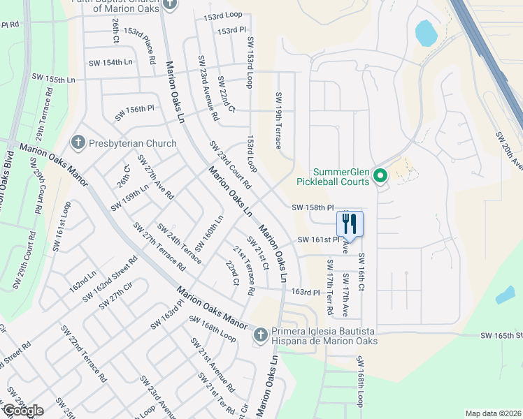 map of restaurants, bars, coffee shops, grocery stores, and more near 16040 Southwest 23rd Court Road in Ocala