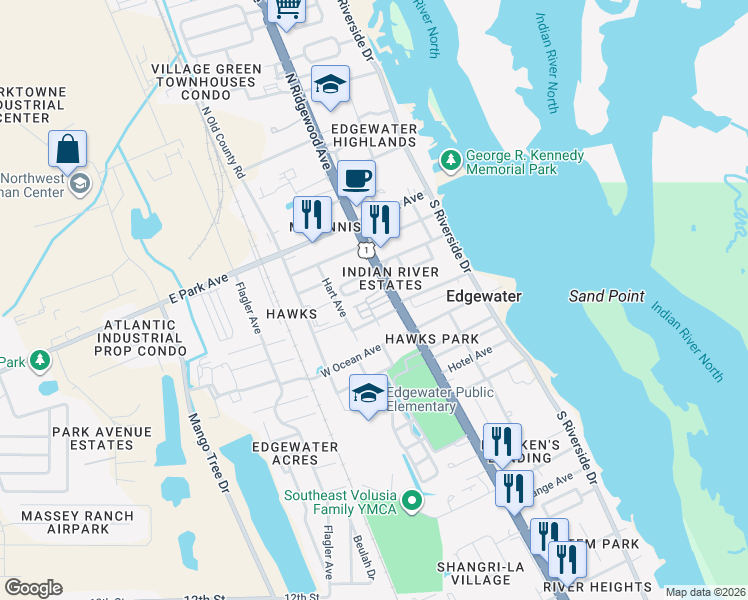 map of restaurants, bars, coffee shops, grocery stores, and more near 316 South Ridgewood Avenue in Edgewater