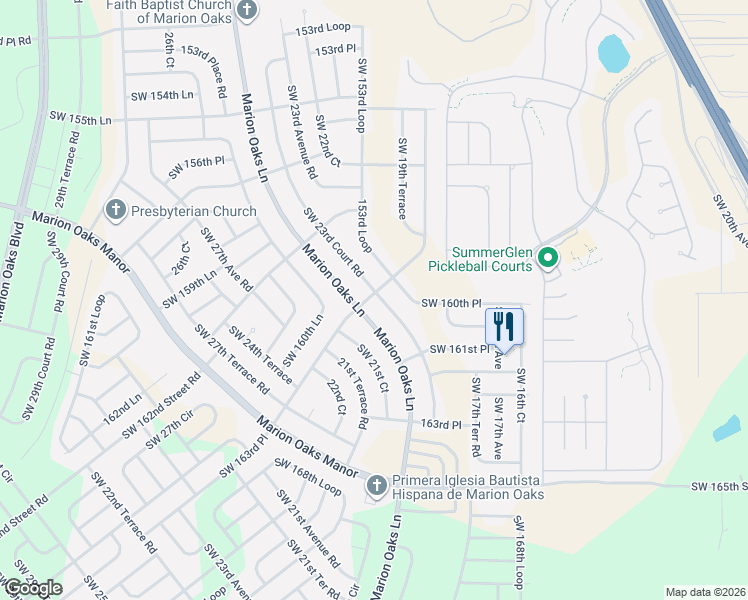 map of restaurants, bars, coffee shops, grocery stores, and more near 16040 Southwest 23rd Court Road in Ocala
