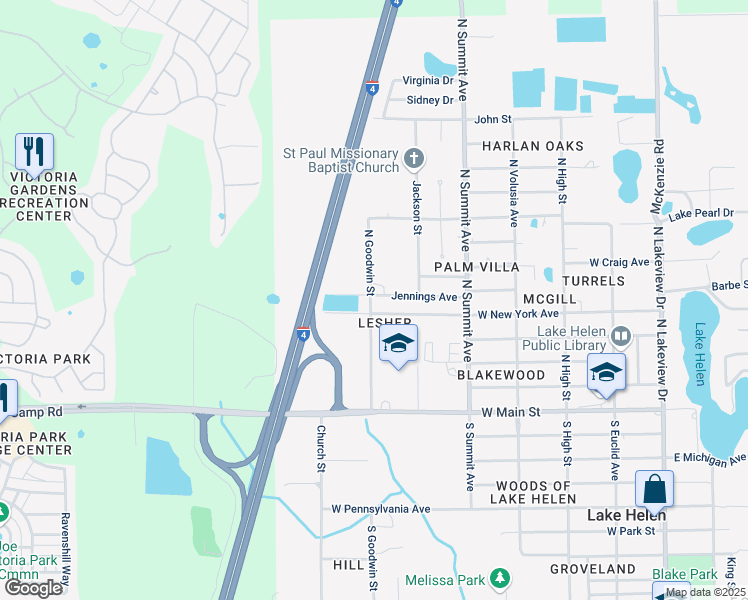 map of restaurants, bars, coffee shops, grocery stores, and more near 693 Jennings Avenue in Lake Helen