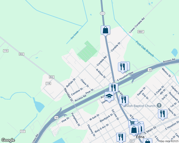 map of restaurants, bars, coffee shops, grocery stores, and more near 1202 North East Street in Edna