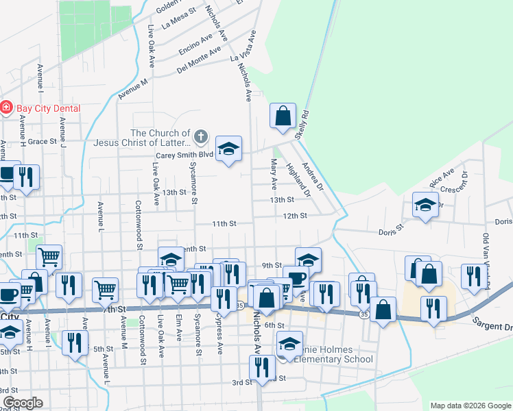 map of restaurants, bars, coffee shops, grocery stores, and more near 3100 13th Street in Bay City
