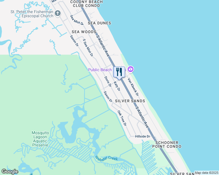 map of restaurants, bars, coffee shops, grocery stores, and more near 203 Hiles Boulevard in New Smyrna Beach