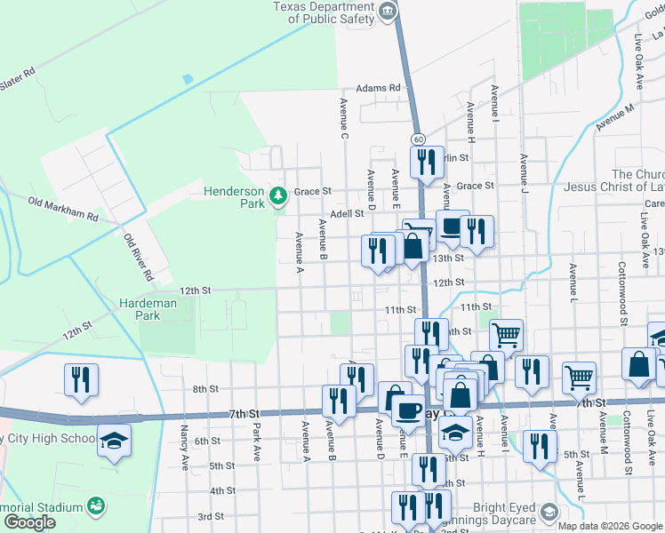map of restaurants, bars, coffee shops, grocery stores, and more near 1501 Avenue B in Bay City