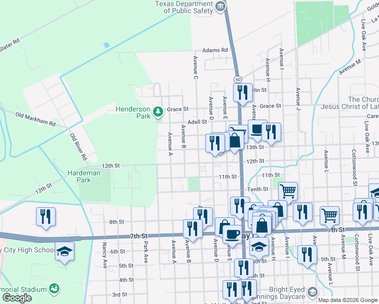 map of restaurants, bars, coffee shops, grocery stores, and more near 1501 Avenue B in Bay City