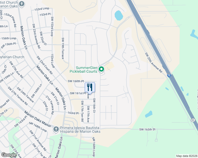 map of restaurants, bars, coffee shops, grocery stores, and more near 1525 Southwest 160th Street in Ocala