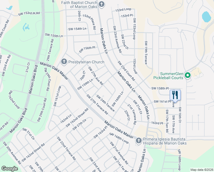 map of restaurants, bars, coffee shops, grocery stores, and more near 16045 Southwest 27th Avenue Road in Ocala