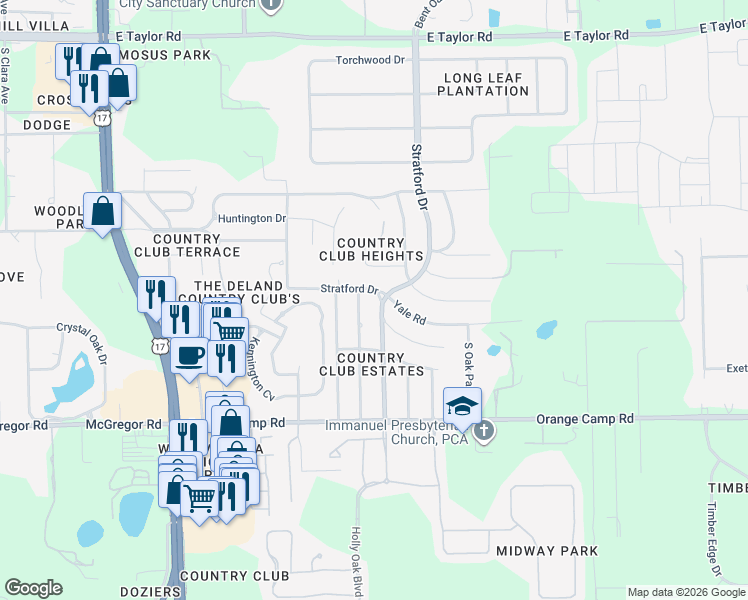 map of restaurants, bars, coffee shops, grocery stores, and more near 2320 Princeton Road in DeLand