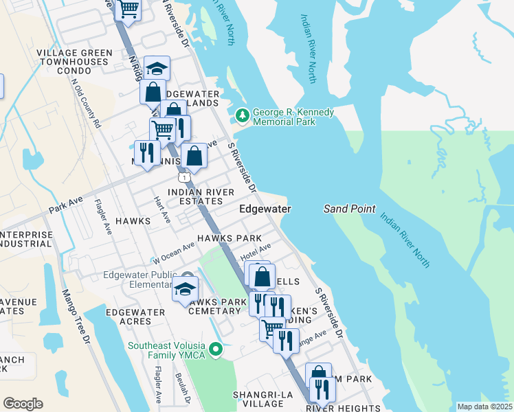 map of restaurants, bars, coffee shops, grocery stores, and more near 410 South Riverside Drive in Edgewater